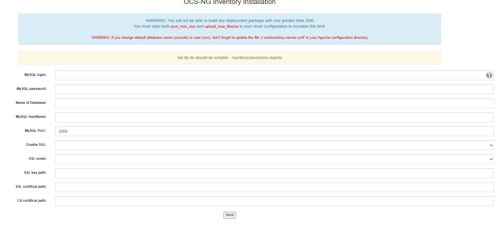 OCS database configuration form