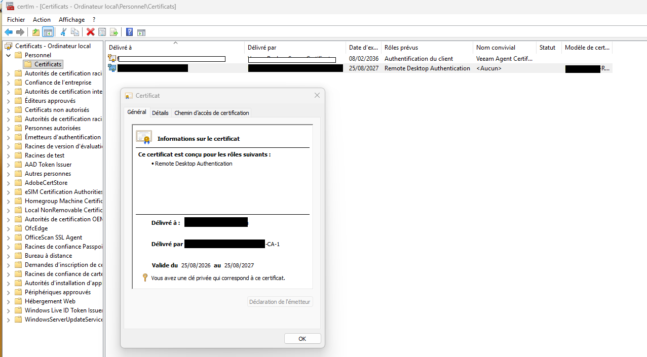 Certificate issued in the machine store — "Remote Desktop Authentication" role, Losthighway-RDP-Workstation template