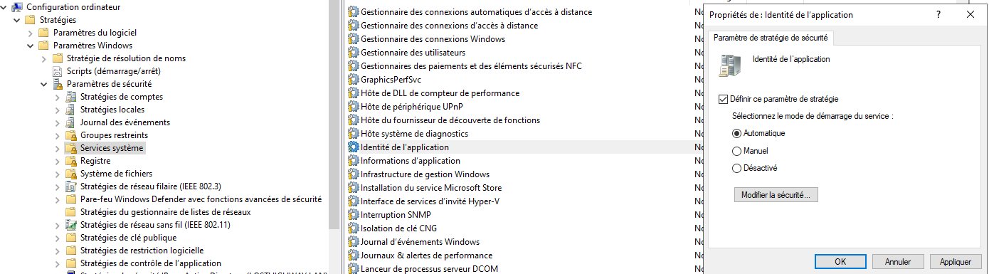 The Application Identity service set to start automatically via GPO.