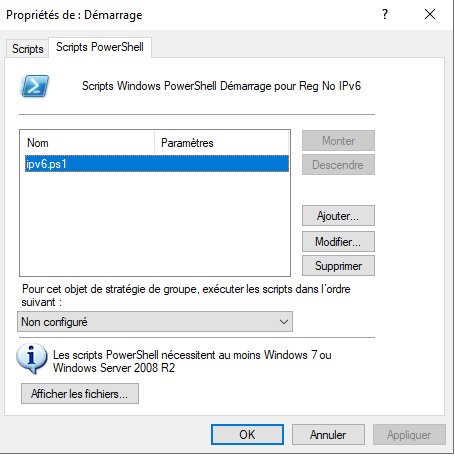 The ipv6.ps1 script declared as a PowerShell startup script in the GPO.