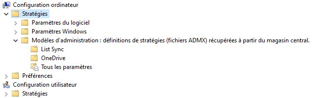 The GPMC displays "retrieved from the Central Store" — the OneDrive and List Sync nodes are loaded correctly.